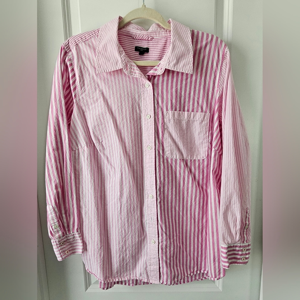 Talbots Pink Striped Cotton Button-Up Shirt